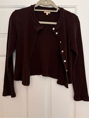 DONNI. Ribbed Button-Front Cardigan in Dark Brown